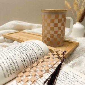 checkered cup with matching bookmark