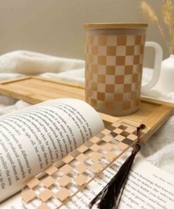checkered cup with matching bookmark