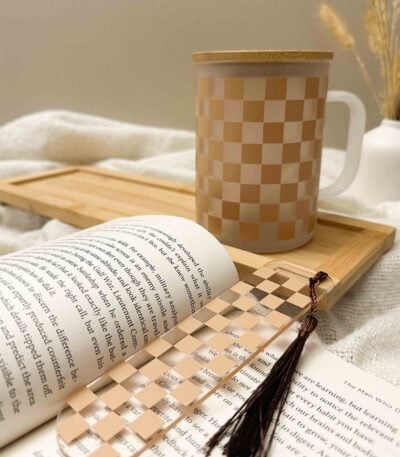 checkered cup with matching bookmark