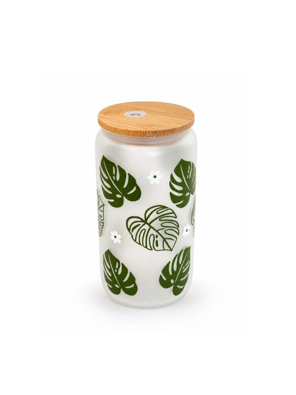 Monstera drinking glass with bamboo lid