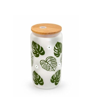 Monstera drinking glass with bamboo lid